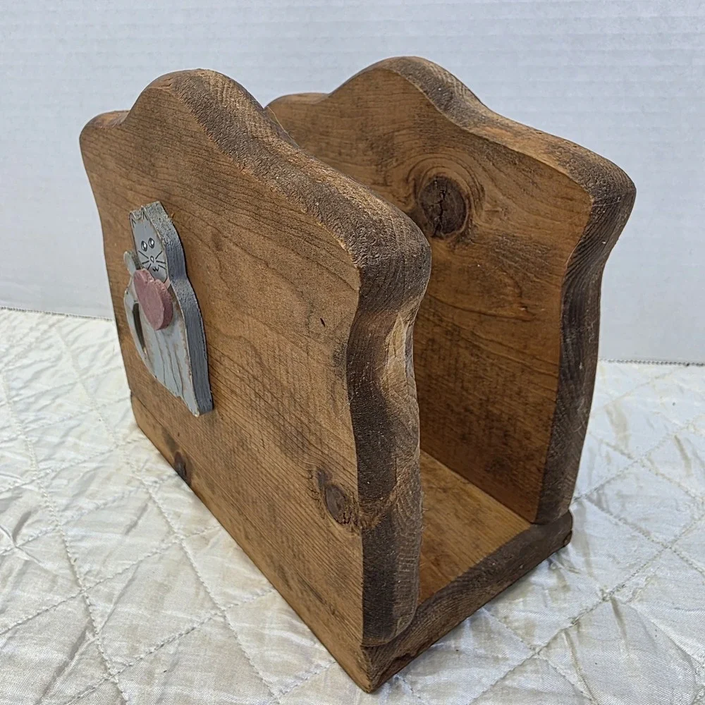Vintage Cottage GrannyCore Wooden Cat Napkin Holder Heart Country Farmhouse Flaw